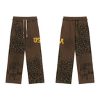 Vale Forever Vintage Leopard Print & "USA" Graphic Zip-Up Hoodie & Sweatpants Set - Brown