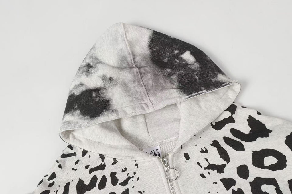 Vale Forever Vintage Leopard Print & "USA" Graphic Zip-Up Hoodie & Sweatpants Set - Grey