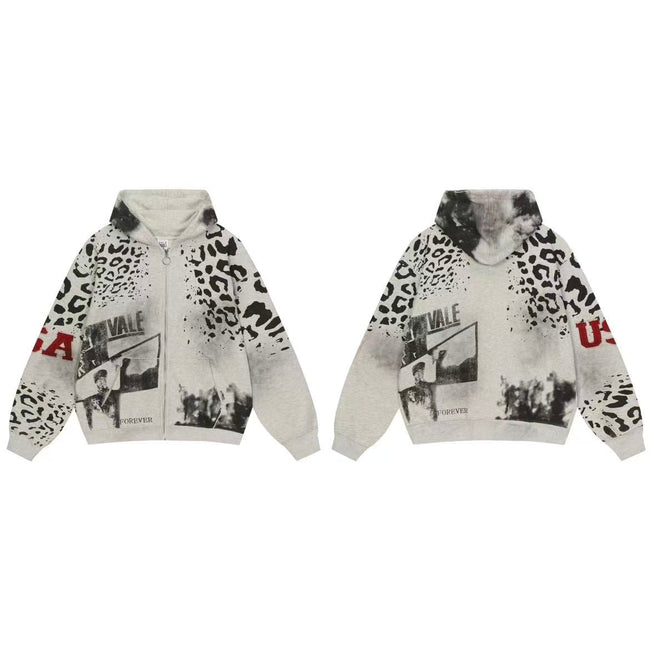Vale Forever Vintage Leopard Print & "USA" Graphic Zip-Up Hoodie & Sweatpants Set - Grey Main Image