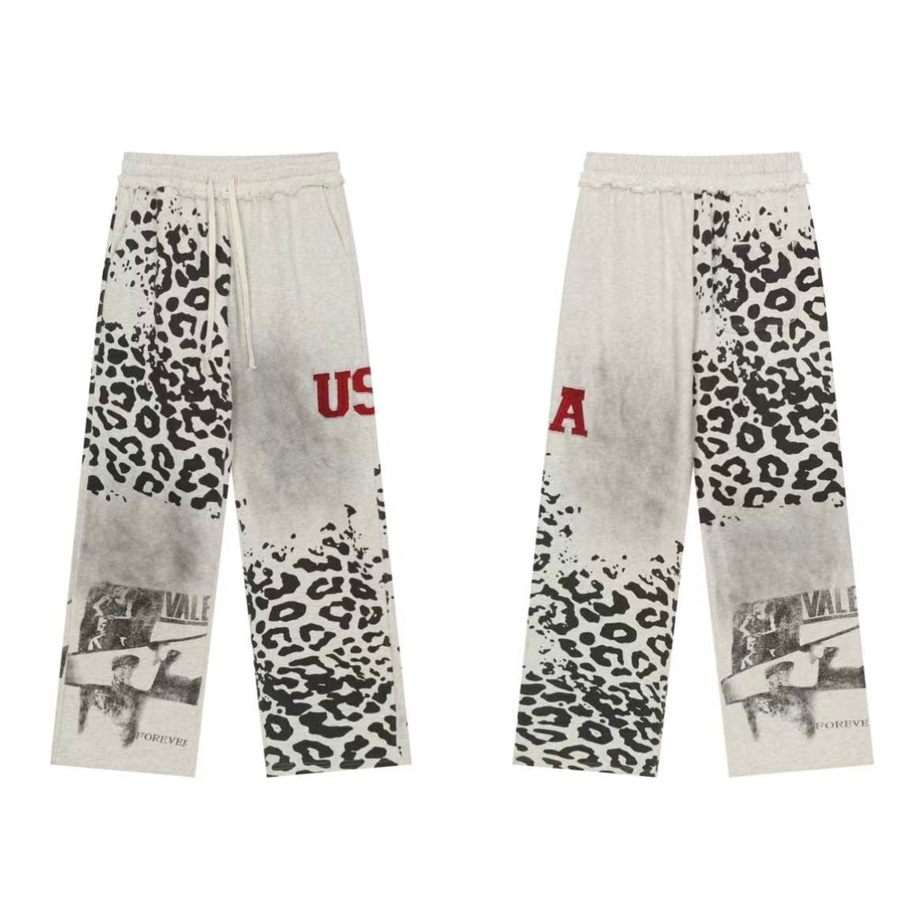 Vale Forever Vintage Leopard Print & "USA" Graphic Zip-Up Hoodie & Sweatpants Set - Grey