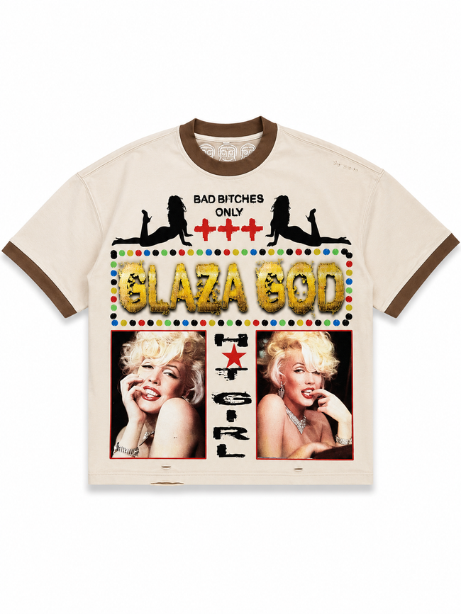 GLAZA GOD Cute - Distressed Acid Wash Oversized Tee -Beige 01 Hover Image