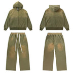 Vale Forever Vintage Gothic Cross Zip-Up Hoodie & Sweatpants Set - Olive Green