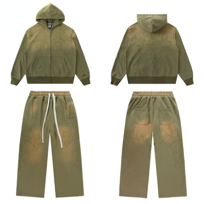 Vale Forever Vintage Gothic Cross Zip-Up Hoodie & Sweatpants Set - Olive Green Hover Image