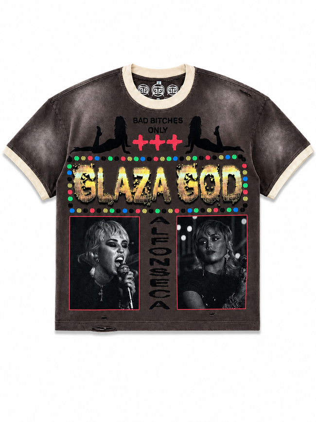 GLAZA GOD Cute - Distressed Acid Wash Oversized Tee -Brown01 Hover Image