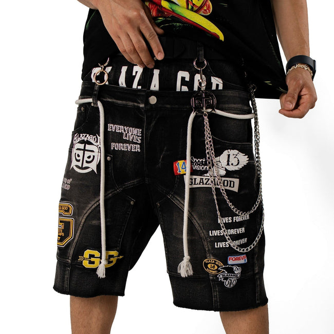 Shorts Denim `Patches' -Double Waistband |GLAZA GOD| Black Hover Image