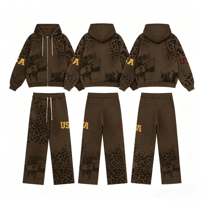 Vale Forever Vintage Leopard Print & "USA" Graphic Zip-Up Hoodie & Sweatpants Set - Brown Hover Image