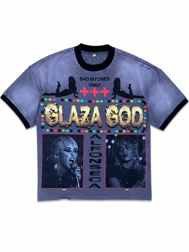 GLAZA GOD Cute - Distressed Acid Wash Oversized Tee -GRAY 01 Hover Image