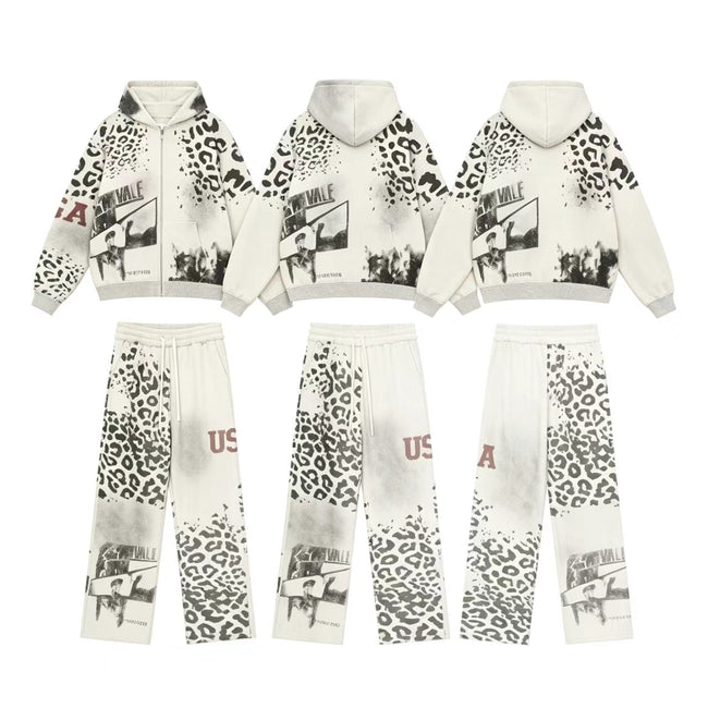 Vale Forever Vintage Leopard Print & "USA" Graphic Zip-Up Hoodie & Sweatpants Set - Grey Hover Image