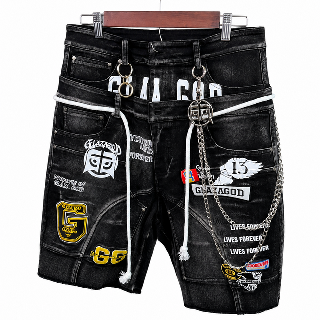 Shorts Denim `Patches' -Double Waistband |GLAZA GOD| Black Main Image