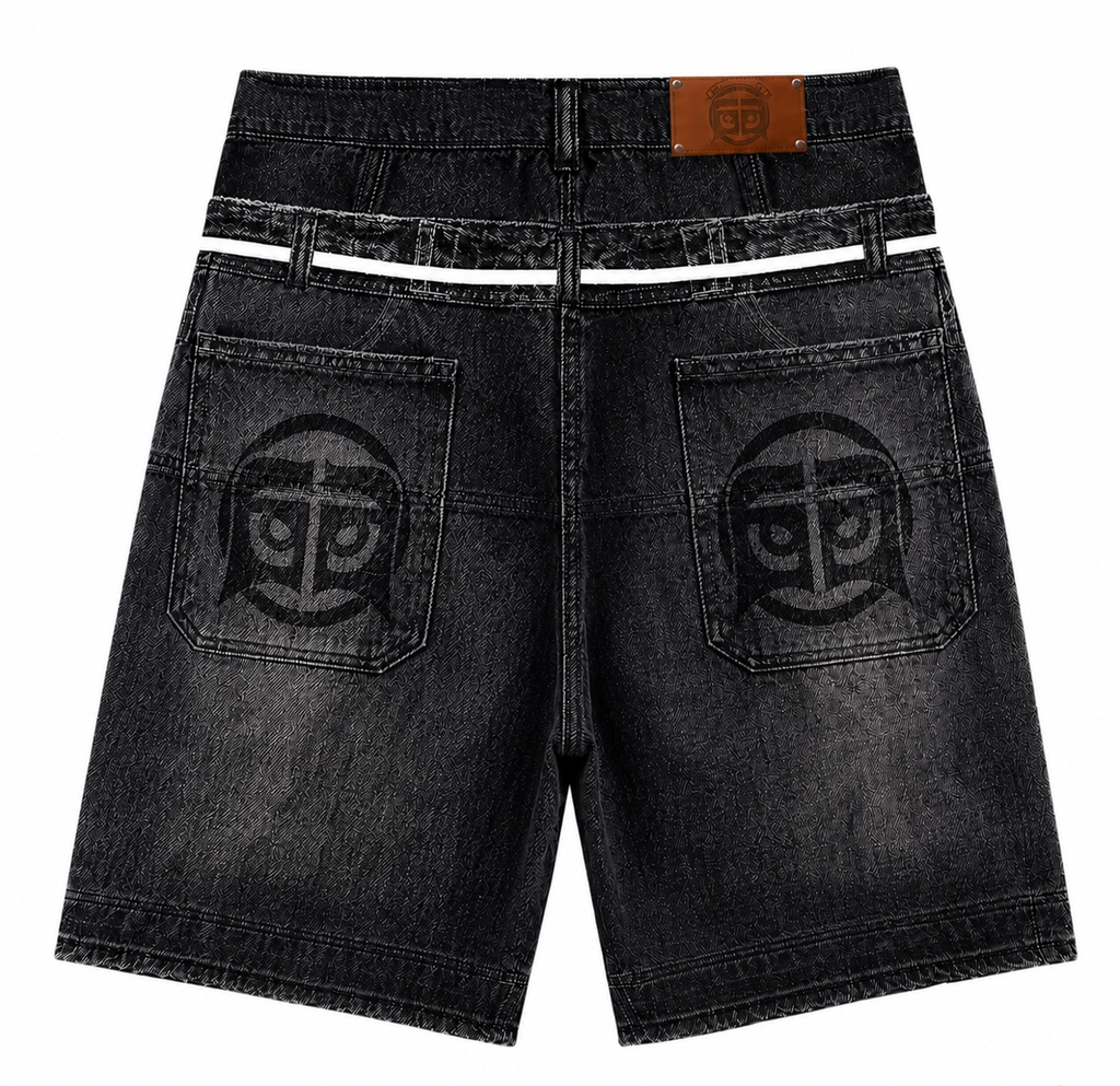 Shorts Denim `Patches' -Double Waistband |GLAZA GOD| Black