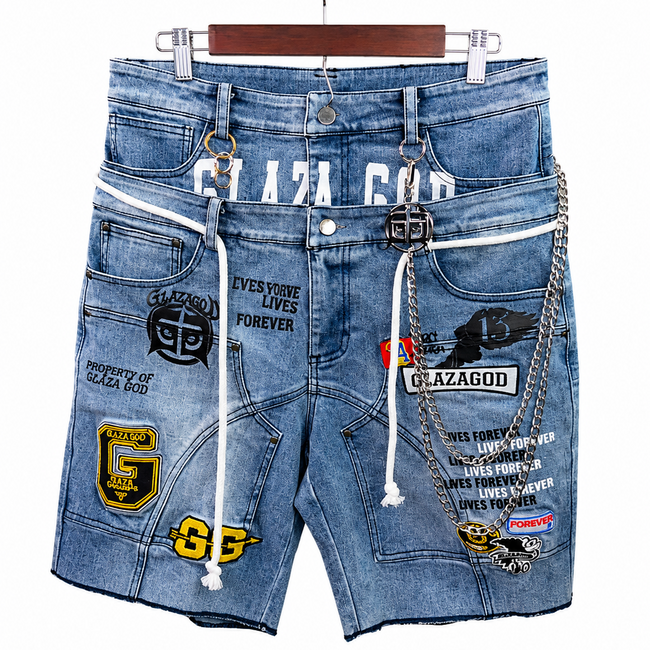 GLAZA GOD Shorts Denim `Patches' -Double Waistband |Blue Jeans Hover Image
