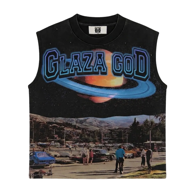 GLAZA GOD Galaxy – Heavyweight Acid Wash Sleeveless Tee BLUE Hover Image