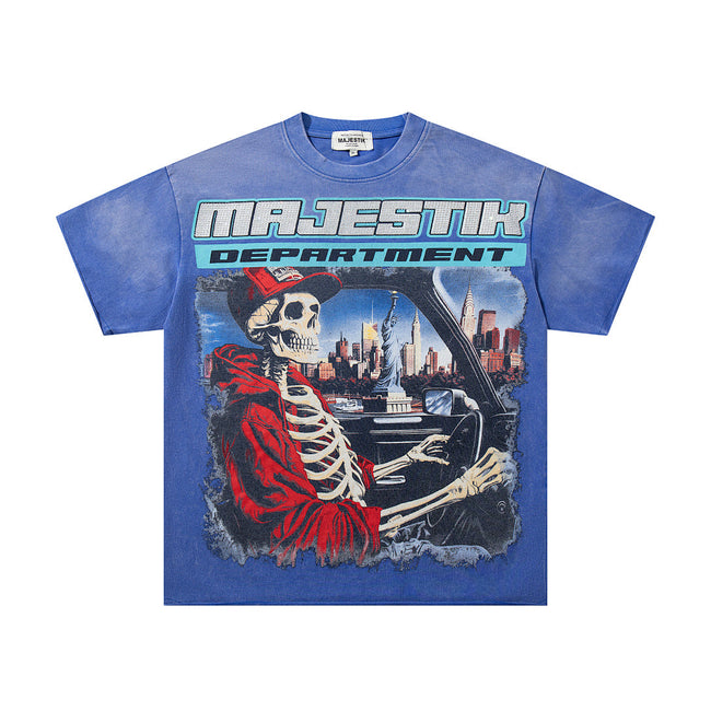Majestik “Department” Skeleton Driving Rhinestone Vintage Tee Hover Image