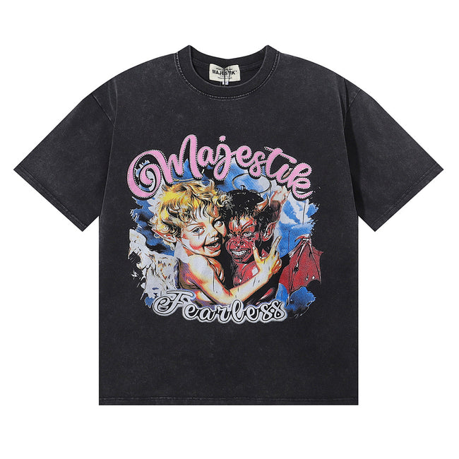 Majestik “Fearless” Angel & Demon Rhinestone Vintage Tee（Black） Hover Image