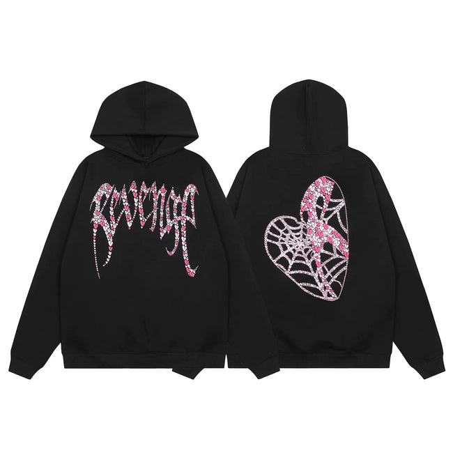 Revenge Rhinestone Spiderweb Heart Arch Logo Pullover Hoodie pink Hover Image