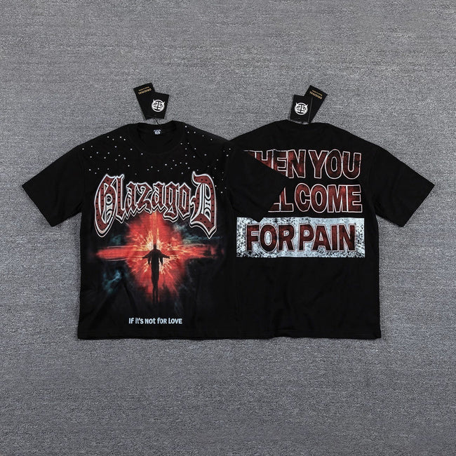 GLAZA GOD Men's Gothic Graphic Oversized T-Shirt – Dark Streetwear Double-Sided Print Casual Tee Hover Image