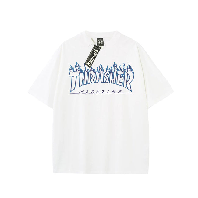 Thrasher Blue‑Purple Outline Flame Logo White Unisex Short‑Sleeve Skate T‑Shirt Hover Image