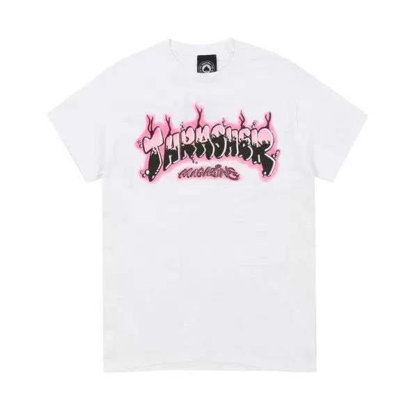 Thrasher Pink Flame Logo White Unisex Casual Short‑Sleeve T‑Shirt Hover Image