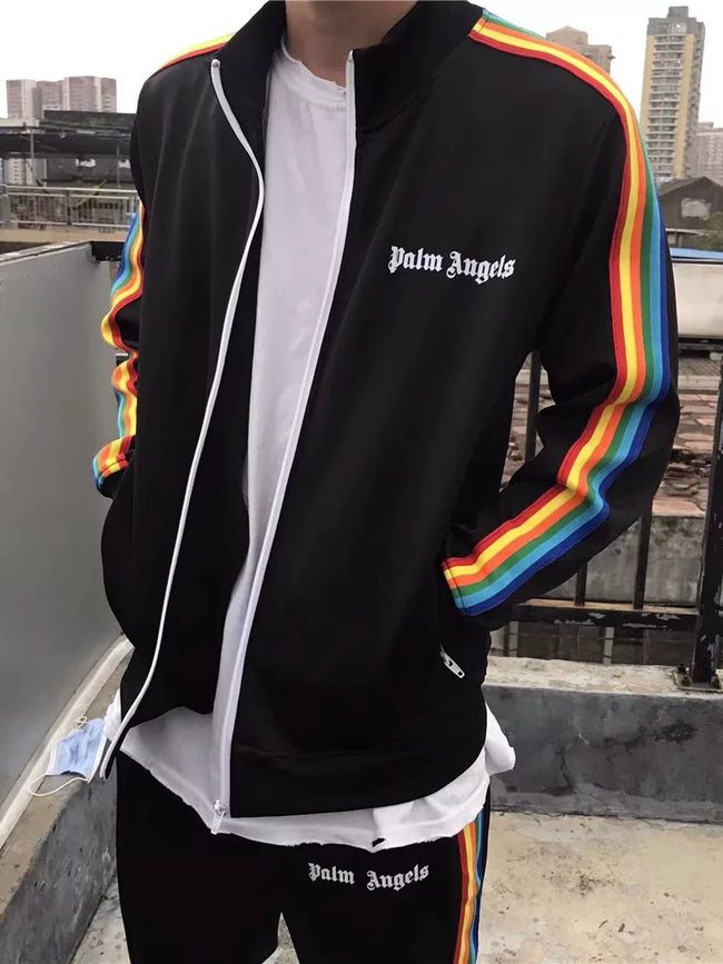 Palm Angels Rainbow Stripe Zip Up Track Jacket - Black Hover Image