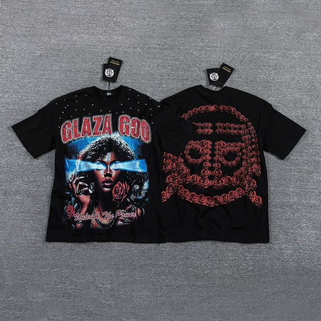 GLAZA GOD Men's Y2K Graphic Oversized T-Shirt – Vintage Streetwear Double-Sided Print Casual Tee Hover Image