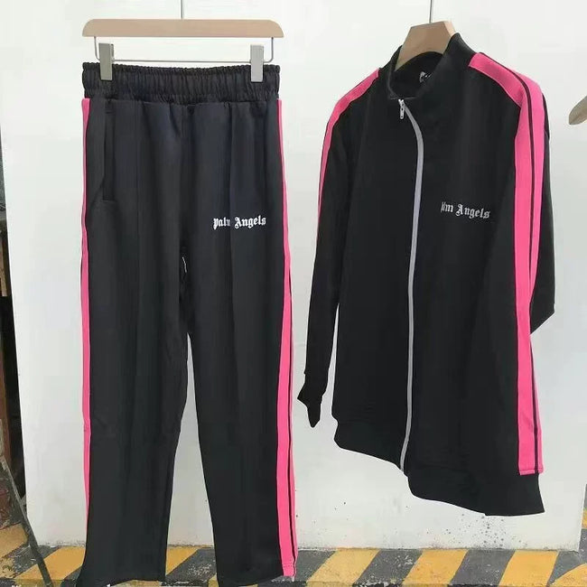 Palm Angels Black Pink Side Stripe Tracksuit 2 Piece Set Zip Jacket + Sweatpants Unisex Streetwear Hover Image