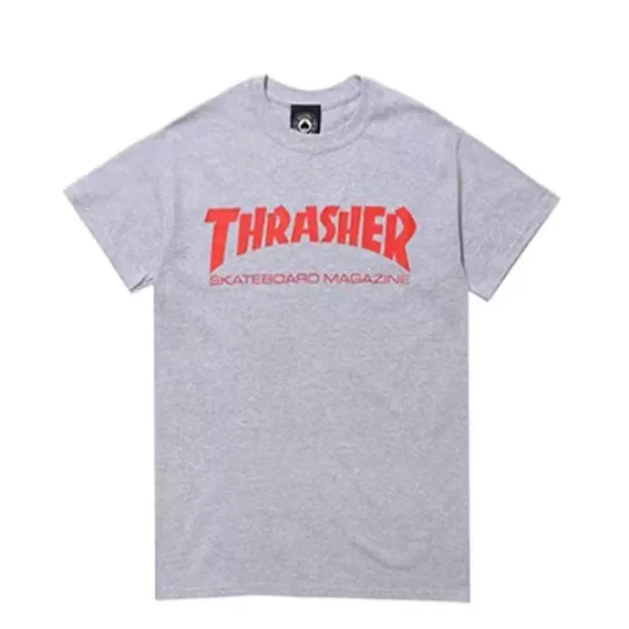 Thrasher Classic Red Flame Logo Heather Grey Short‑Sleeve T‑Shirt Streetwear Casual Tee