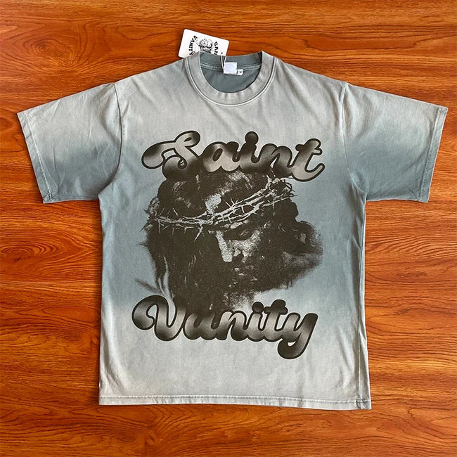 SAINT VANITY Washed Antique Portrait Print Casual Short-Sleeved T-Shirt Hover Image