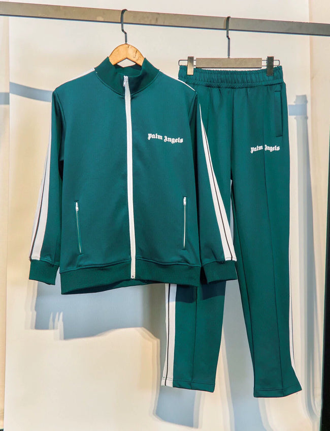 Palm Angels Forest Green Stripe Track Suit 2Pcs Zip Up Jacket + Straight Sweatpants Unisex Outfit Hover Image
