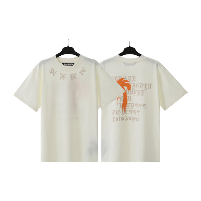 Palm Angels Cream Neck Gothic Print Tee Hover Image