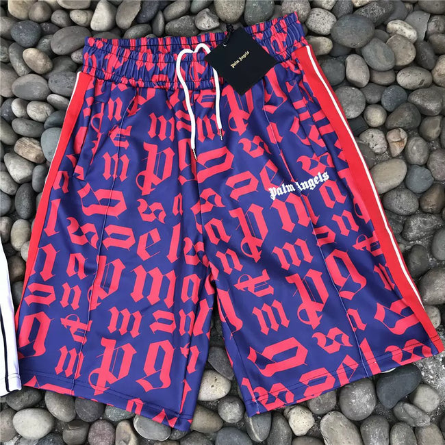 Palm Angels Purple Red Gothic Letter Print Shorts Unisex Bold Streetwear Shorts Hover Image