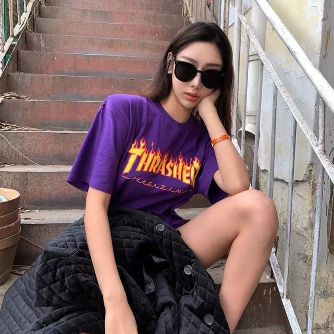 Thrasher Yellow Flame Logo Purple Oversized Loose‑Fit Street‑Wear T‑Shirt Hover Image