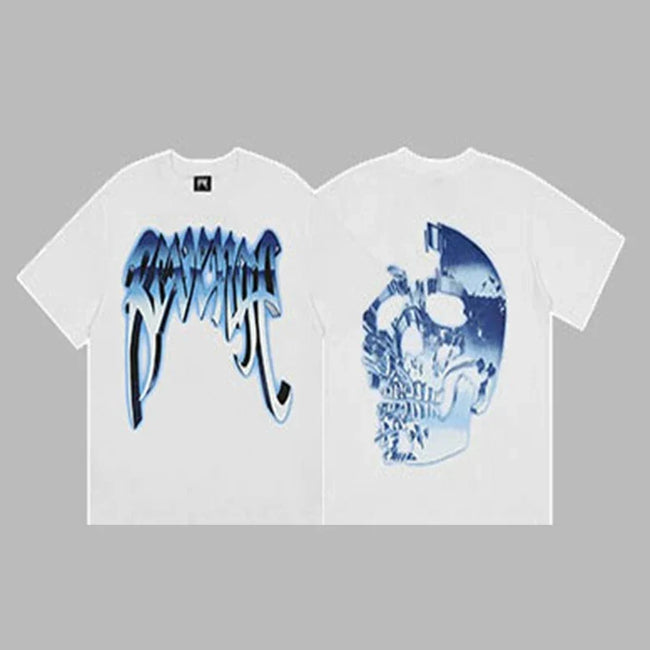 Revenge Silver & Blue Metallic Arch Logo & Skull Graphic Short Sleeve T-Shirt White Hover Image