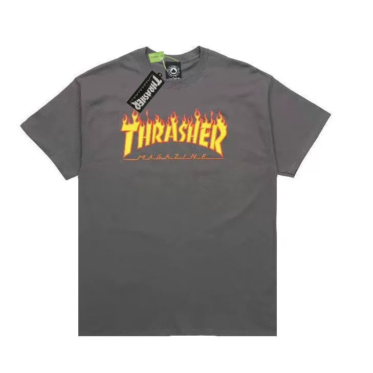 Thrasher Yellow‑Orange Flame Logo Dark Charcoal Grey Casual Short‑Sleeve Tee
