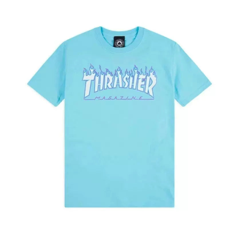 Thrasher White‑Blue Fire Graphic Sky‑Blue Summer Short‑Sleeve Unisex T‑Shirt