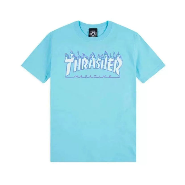 Thrasher White‑Blue Fire Graphic Sky‑Blue Summer Short‑Sleeve Unisex T‑Shirt Hover Image