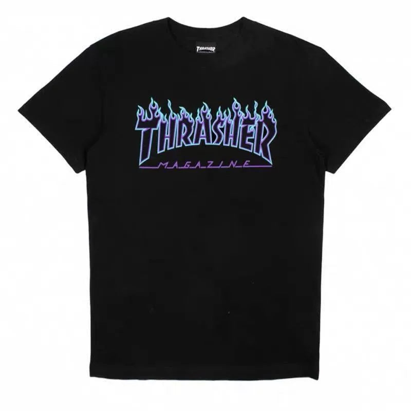 Thrasher Blue‑Purple Gradient Flame Logo Black Unisex Casual Graphic T‑Shirt