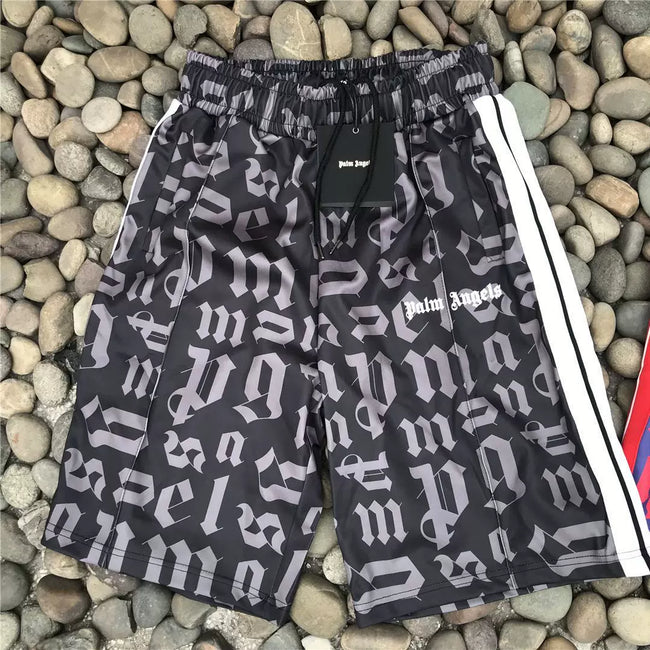 Palm Angels Black Grey Gothic Letter Print Shorts Unisex Classic Street Shorts Hover Image