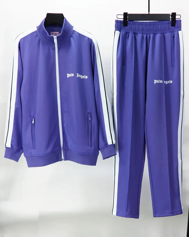 Palm Angels Purple Side Stripe Track Suit 2 Piece Zip Jacket + Sweatpants Unisex Hip Hop Outfit Hover Image