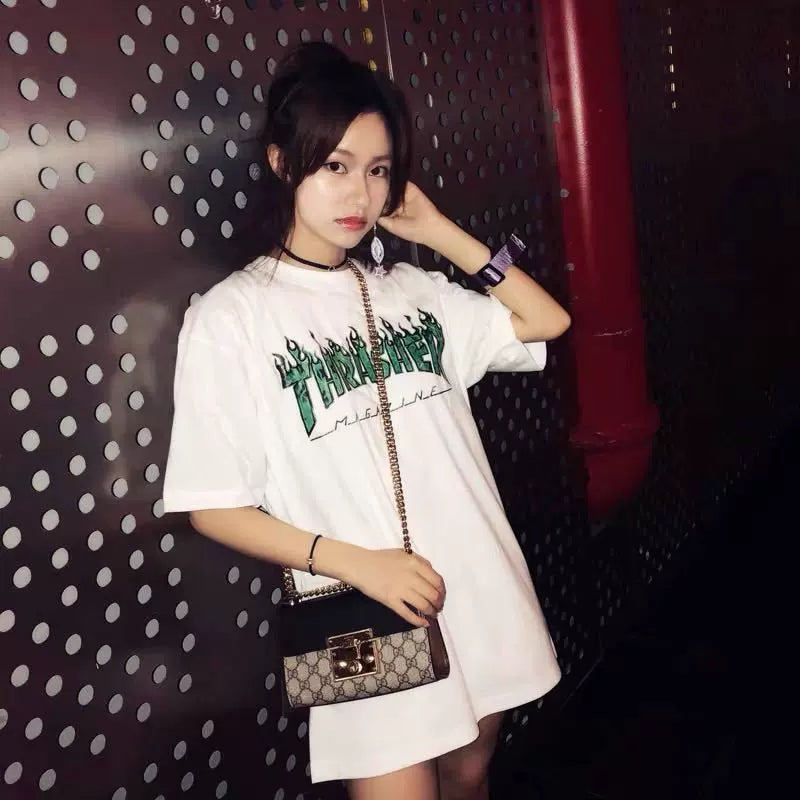 Thrasher Green Flame Logo White Loose‑Fit Unisex Summer Graphic Tee