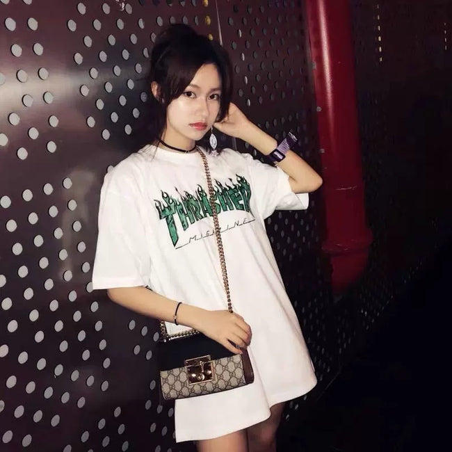 Thrasher Green Flame Logo White Loose‑Fit Unisex Summer Graphic Tee Hover Image