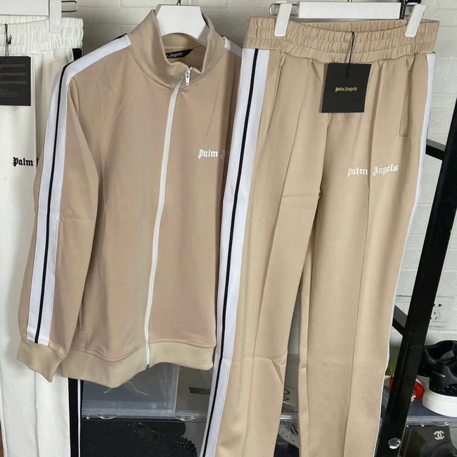 Palm Angels Khaki Stripe Tracksuit 2Pcs Zip Jacket + Straight Sweatpants Unisex Street Outfit Hover Image