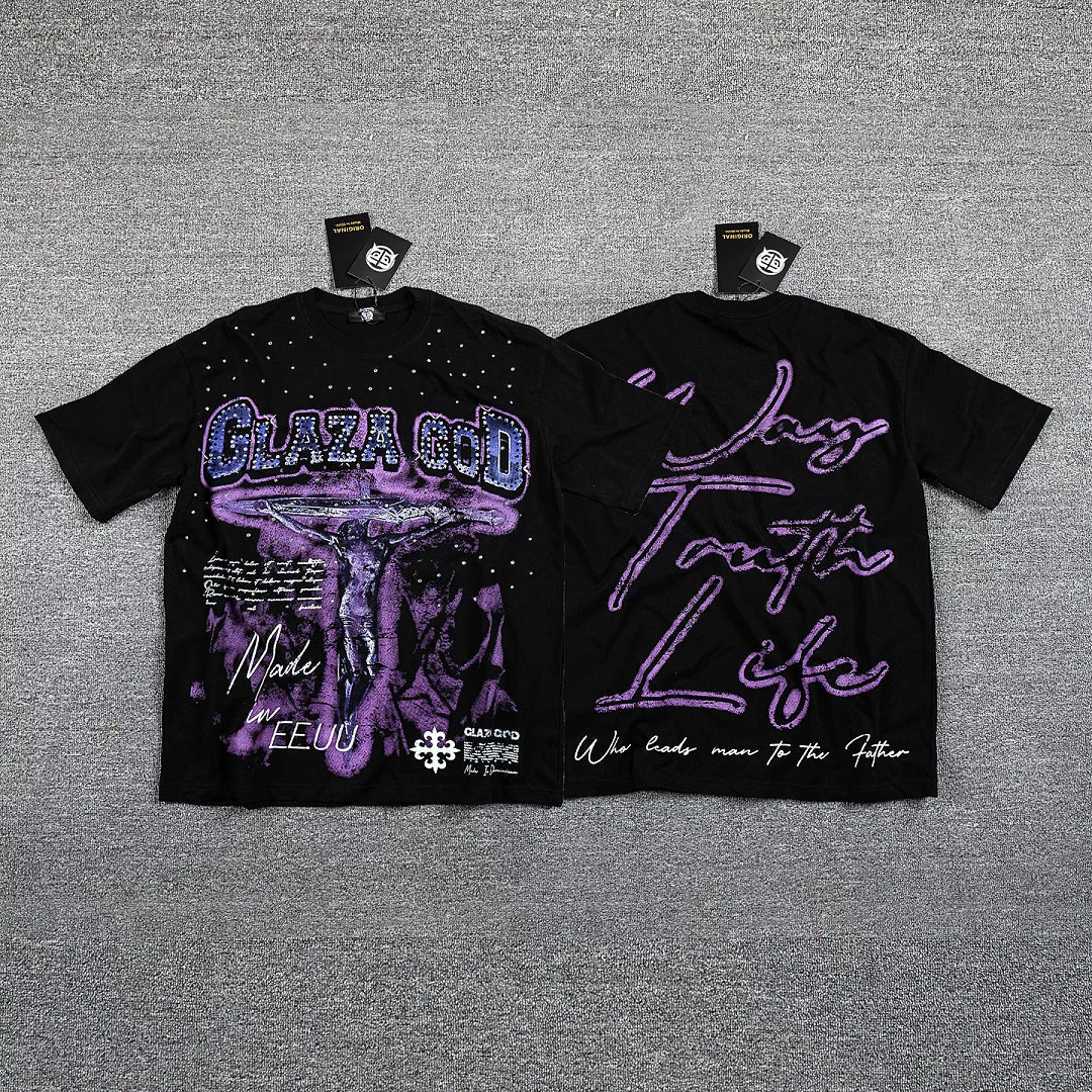 GLAZA GOD Men's Vintage Graphic Oversized T-Shirt – Gothic Streetwear Double-Sided Print Casual Tee