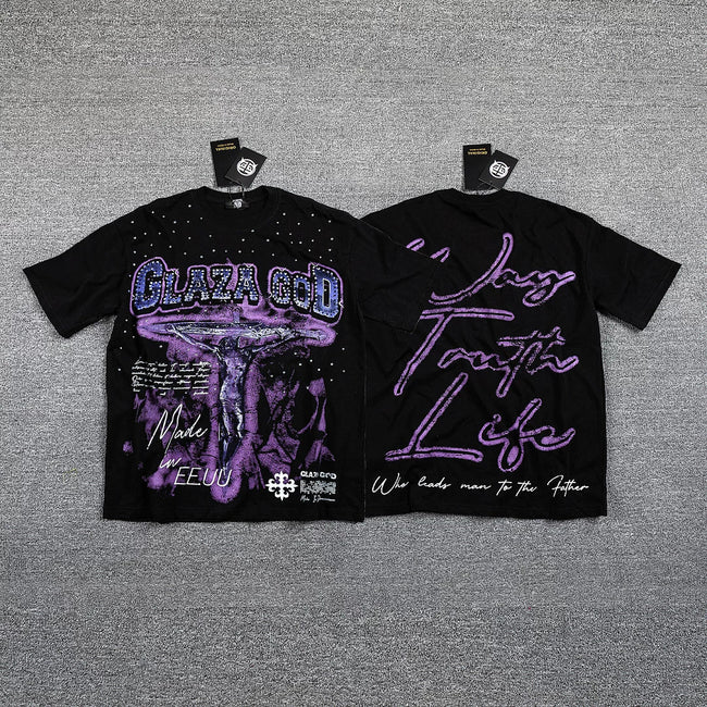 GLAZA GOD Men's Vintage Graphic Oversized T-Shirt – Gothic Streetwear Double-Sided Print Casual Tee Hover Image