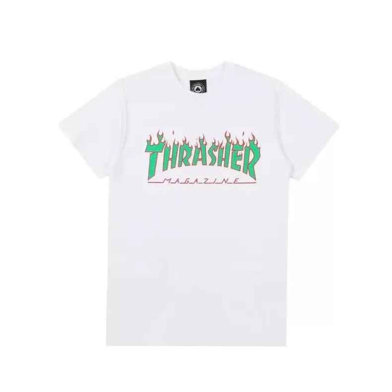Thrasher Green Flame Logo White Fresh Summer Street-Style T-Shirt