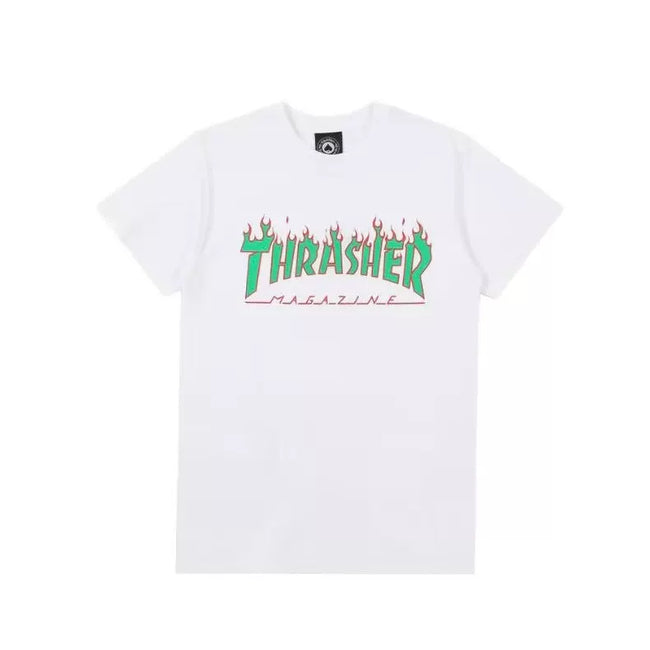 Thrasher Green Flame Logo White Fresh Summer Street-Style T-Shirt Hover Image