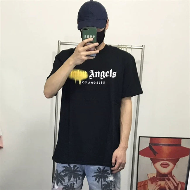 Palm Angels Black Yellow Drip Los Angeles Logo Tee Hover Image