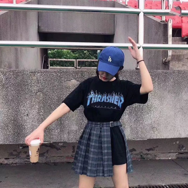 Thrasher Ice‑Blue Flame Logo Black Oversized Unisex Skate T‑Shirt Hover Image