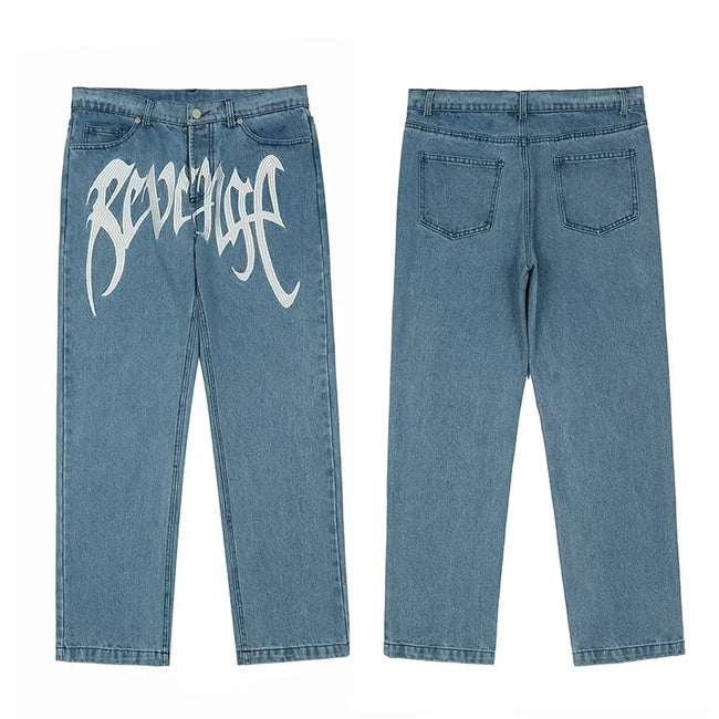 Revenge Vintage Blue Wash Gothic Logo Denim Jeans Hover Image