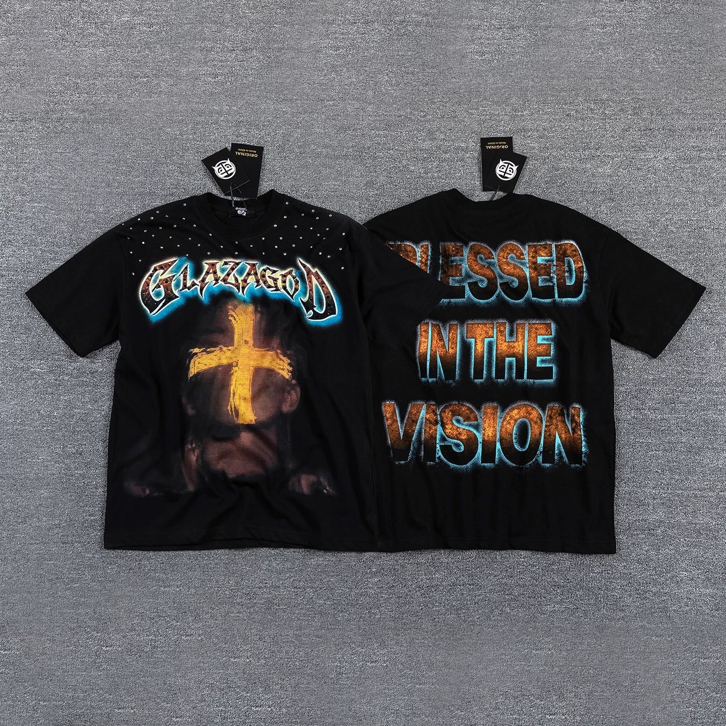 GLAZA GOD Men's Vintage Graphic Oversized T-Shirt – Cross Print Streetwear Double-Sided Casual Tee
