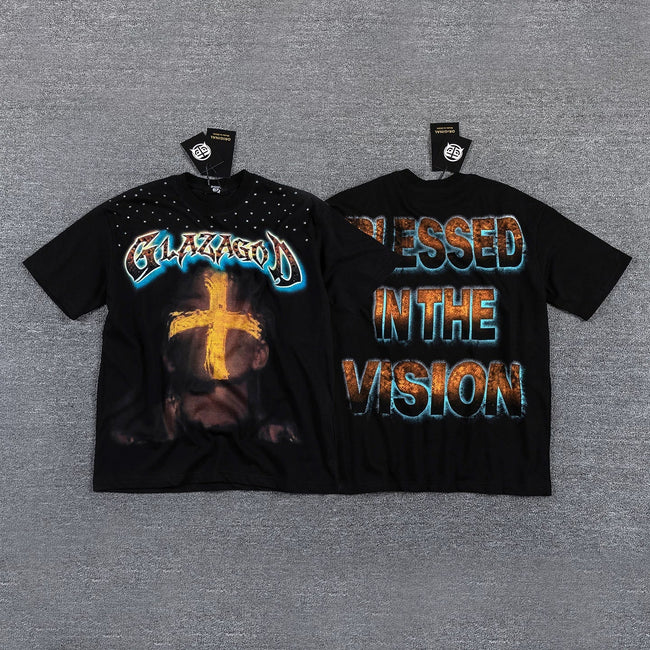 GLAZA GOD Men's Vintage Graphic Oversized T-Shirt – Cross Print Streetwear Double-Sided Casual Tee Hover Image